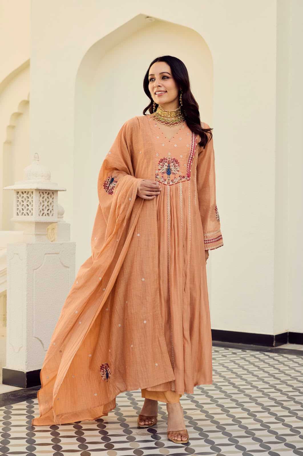 Chanderi Silk Embroidery Gown in Light Green