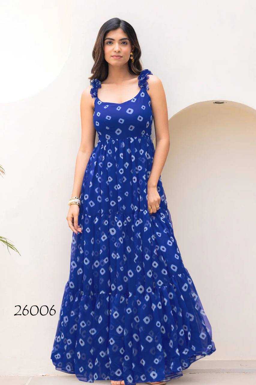 Faux Georgette Printed Gown in Deep Blue