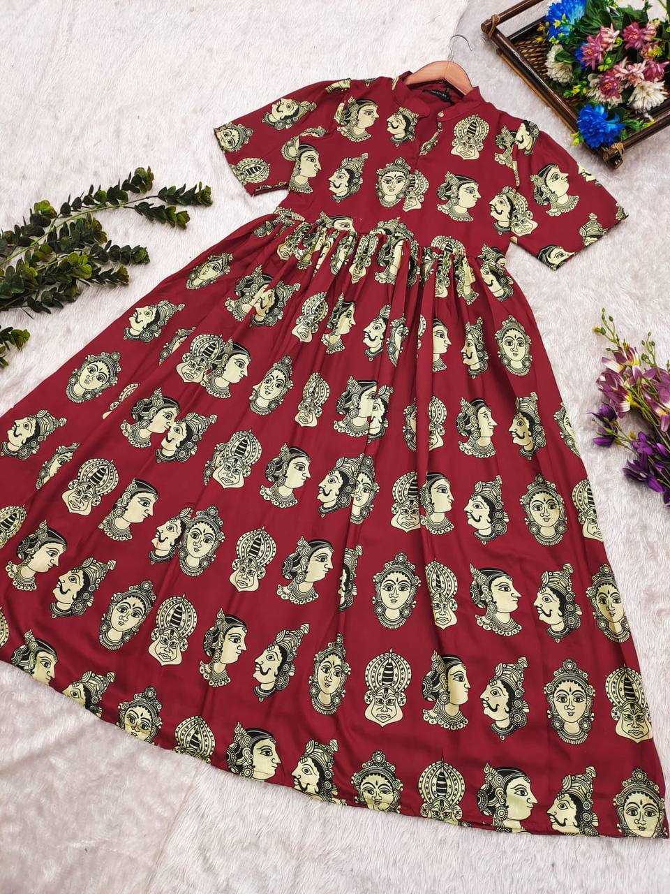 Maroon Kantara Cotton Printed Gown