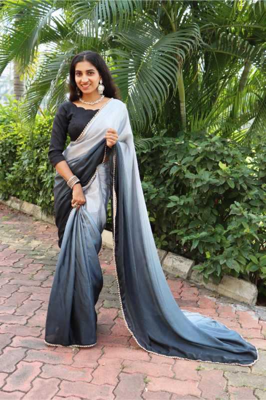 Chinon Designer Saree in Rani