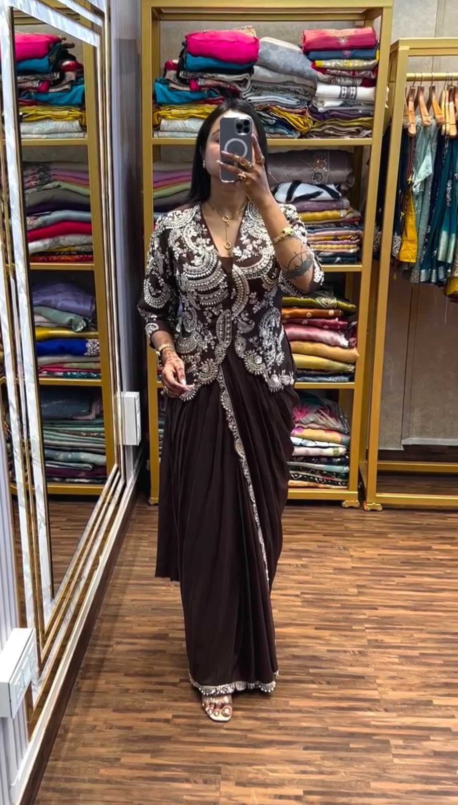 Chinon Designer Saree in Mehndi