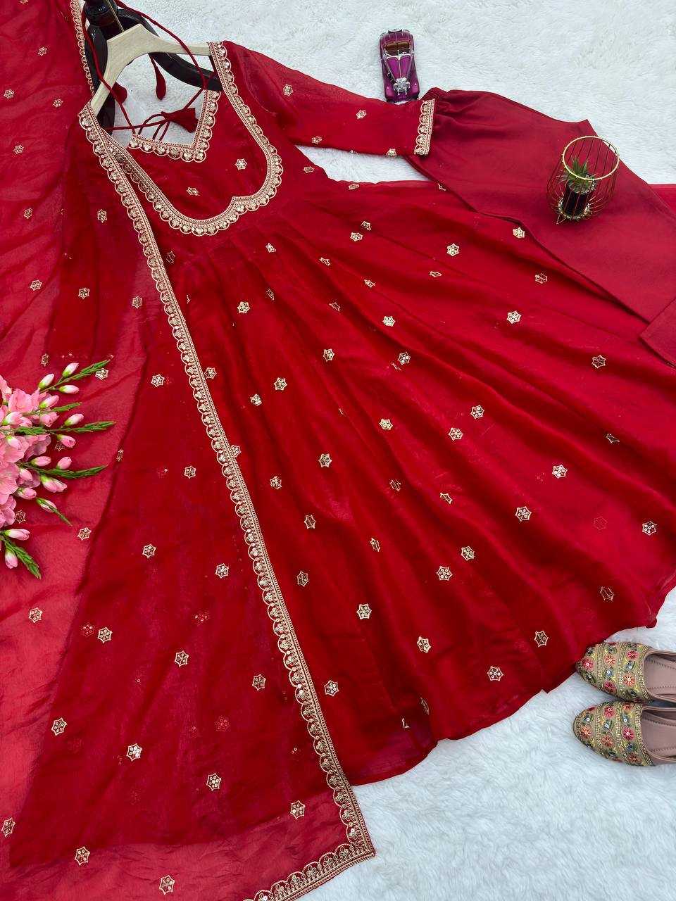 Embroidered Silk Gown With Dupatta and Pant