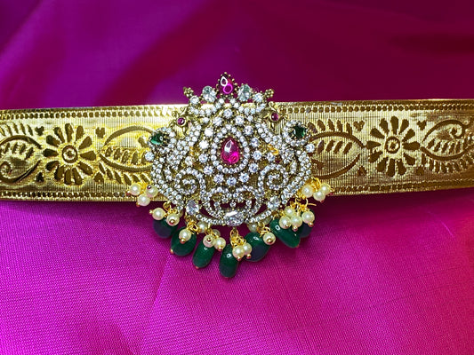 Kamarpatta CZ American Diamond Vaddanam|Green Ruby Pearl Adult