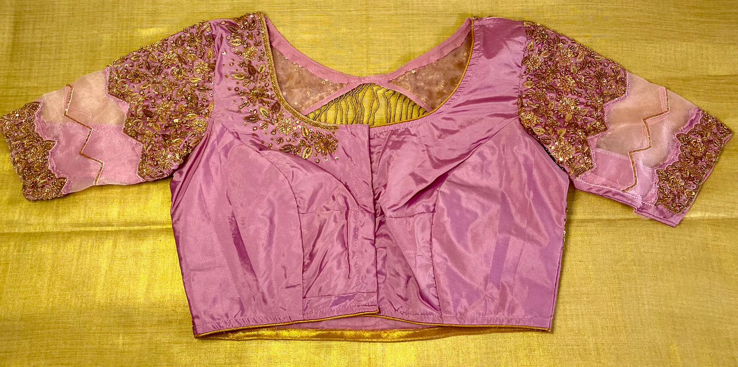 Lilac Pink Organza Bridal Maggam Blouse|Bridal Aari Blouse |Readymade|PrincessCut NonPadded | Fits 38”- 44”