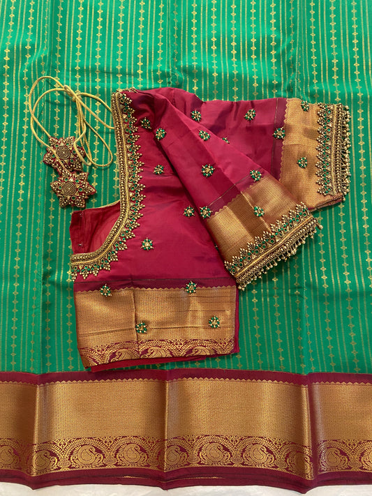 Mix Silk Saree with Maggam Aari work Stitched blouse|Kanjivaram Pattu style mix silk saree |Saree with readymade blouse|Fall ,Pico/overlock done