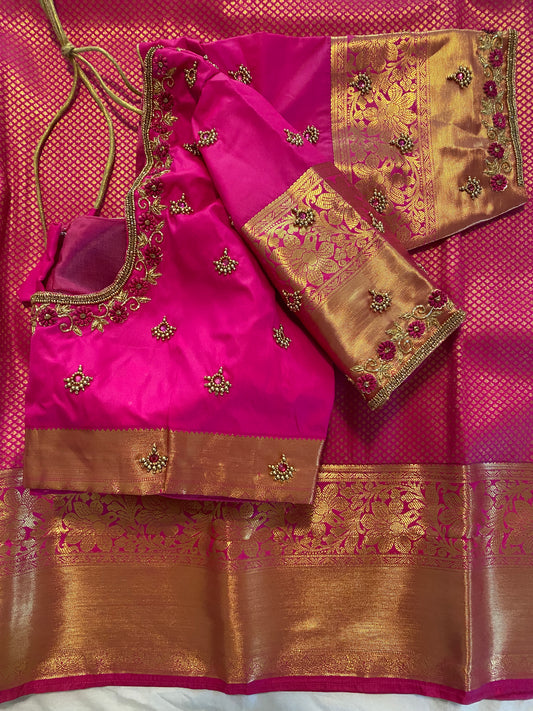 Mix Silk Saree with Maggam Aari work Stitched blouse|Kanjivaram Pattu style mix silk saree |Saree with readymade blouse|Fall ,Pico/overlock done