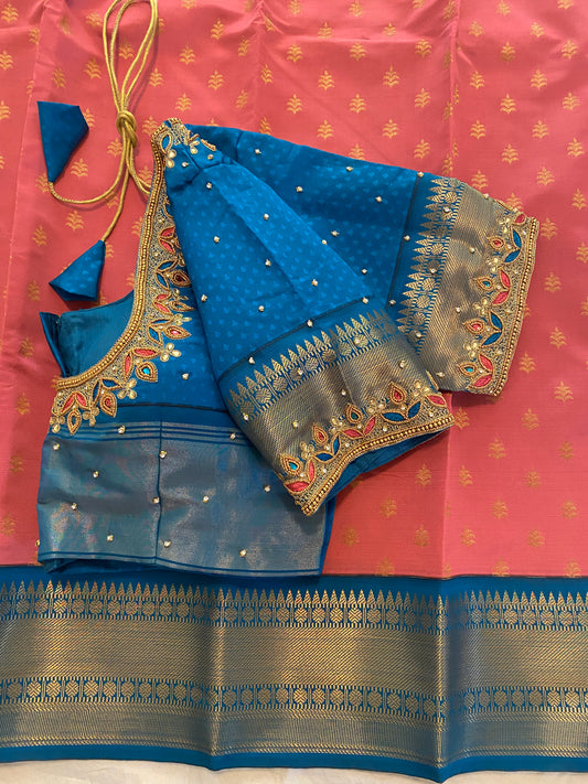 Mix Silk Saree with Maggam Aari work Stitched blouse|Kanjivaram Pattu style mix silk saree |Saree with readymade blouse|Fall ,Pico/overlock done
