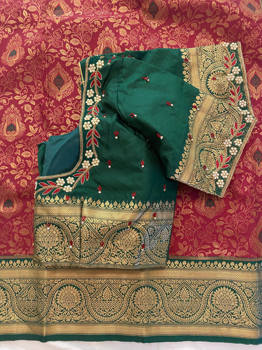 Mix Silk Saree with Maggam Aari work Stitched blouse|Kanjivaram Pattu style mix silk saree |Saree with readymade blouse|Fall ,Pico/overlock done