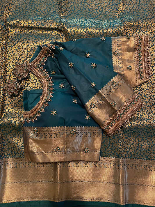 Mix Silk Saree with Maggam Aari work Stitched blouse|Kanjivaram Pattu style mix silk saree |Saree with readymade blouse|Fall ,Pico/overlock done