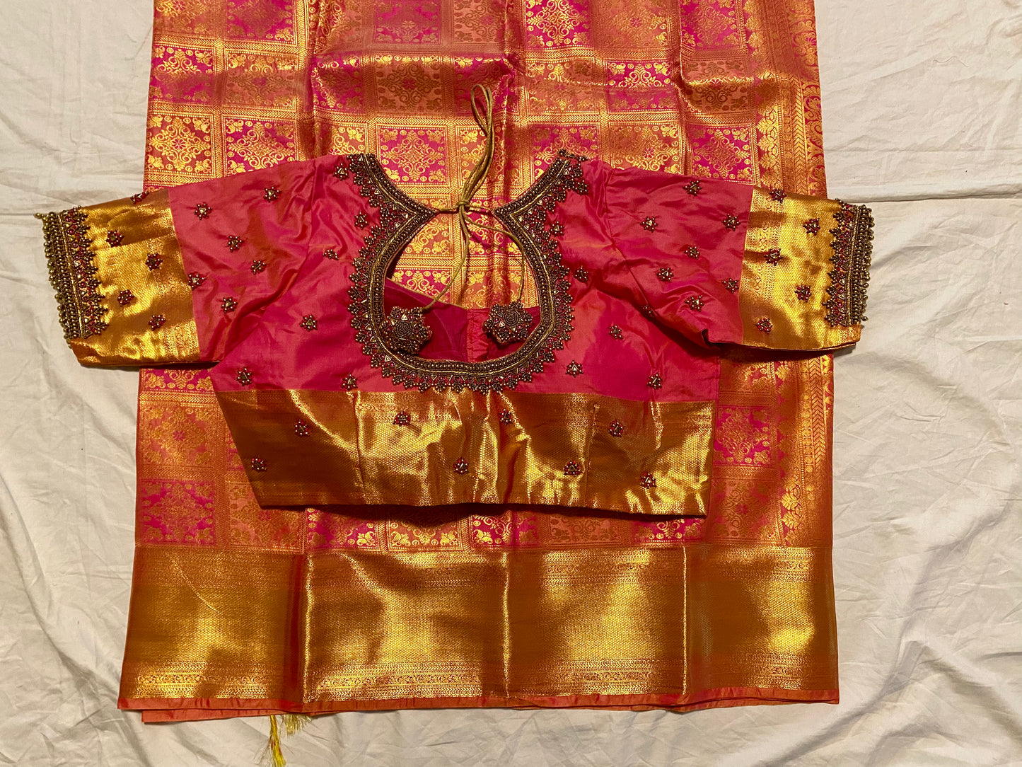 Mix Silk Saree with Maggam Aari work Stitched blouse|Kanjivaram Pattu style mix silk saree |Saree with readymade blouse|Fall ,Pico/overlock done