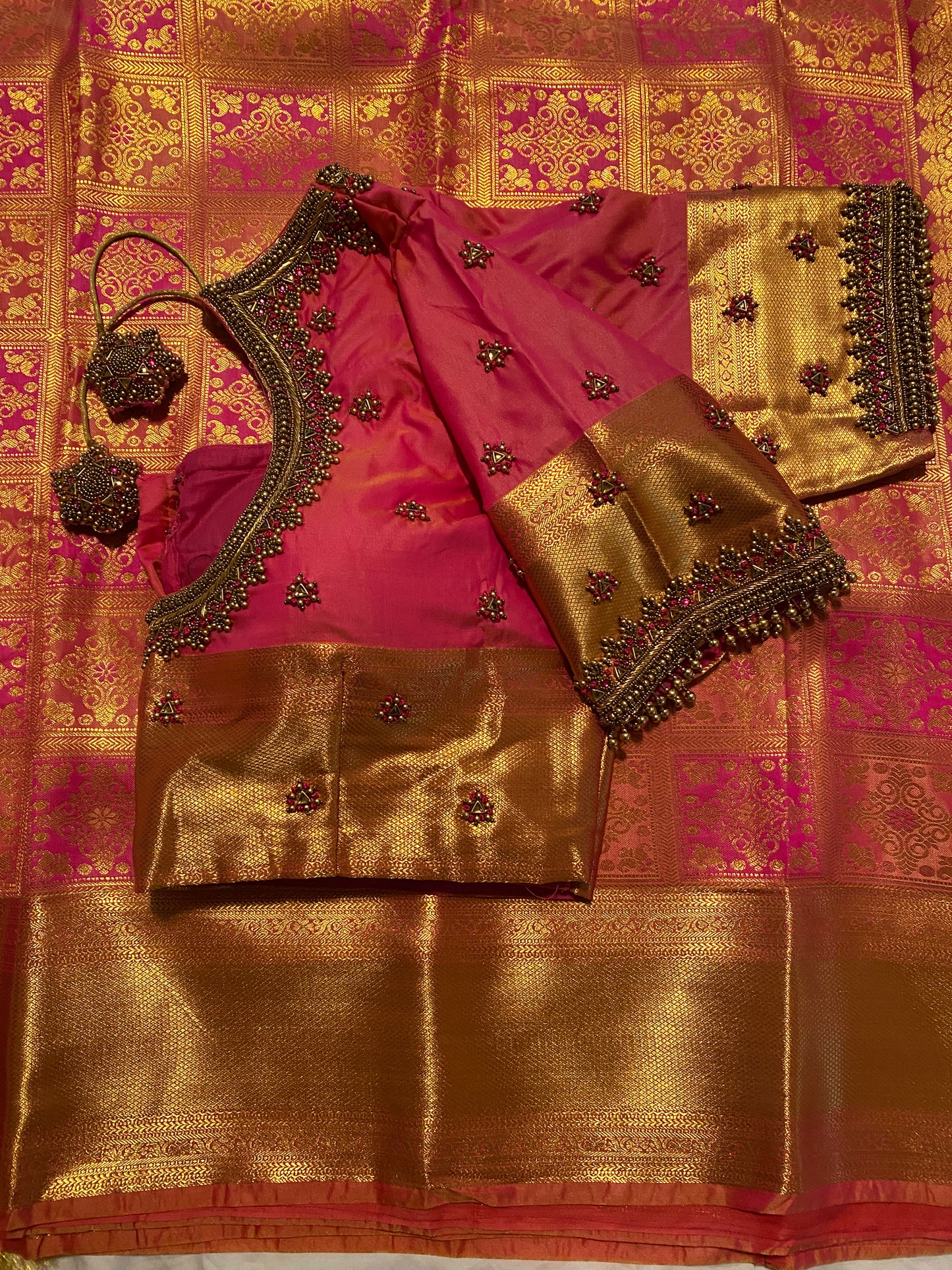 Mix Silk Saree with Maggam Aari work Stitched blouse|Kanjivaram Pattu style mix silk saree |Saree with readymade blouse|Fall ,Pico/overlock done