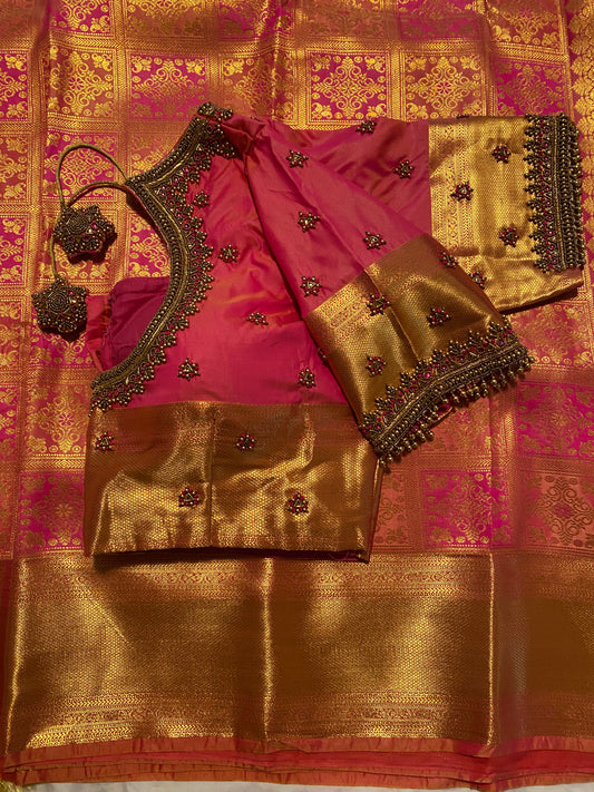 Mix Silk Saree with Maggam Aari work Stitched blouse|Kanjivaram Pattu style mix silk saree |Saree with readymade blouse|Fall ,Pico/overlock done
