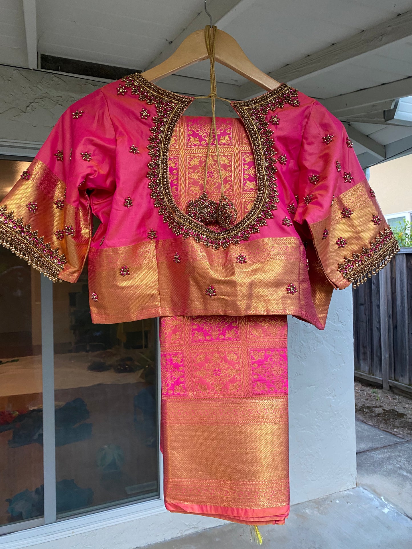 Mix Silk Saree with Maggam Aari work Stitched blouse|Kanjivaram Pattu style mix silk saree |Saree with readymade blouse|Fall ,Pico/overlock done