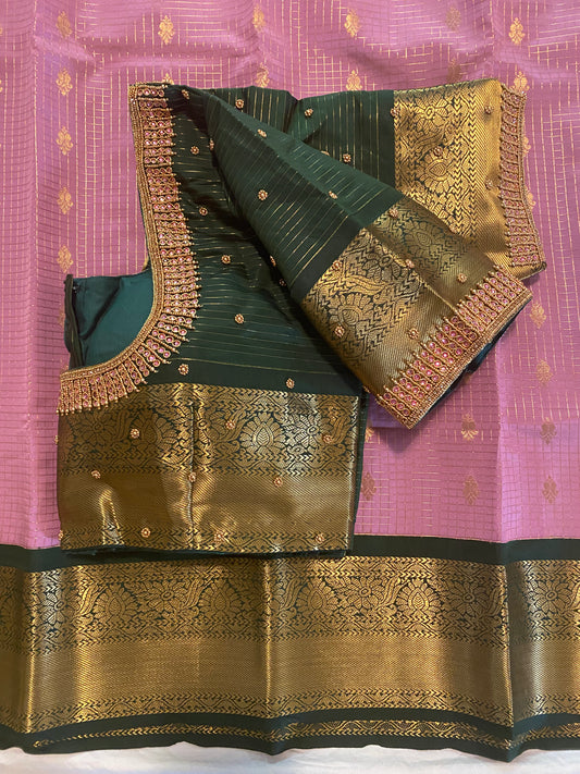 Mix Silk Saree with Maggam Aari work Stitched blouse|Kanjivaram Pattu style mix silk saree |Saree with readymade blouse|Fall ,Pico/overlock done