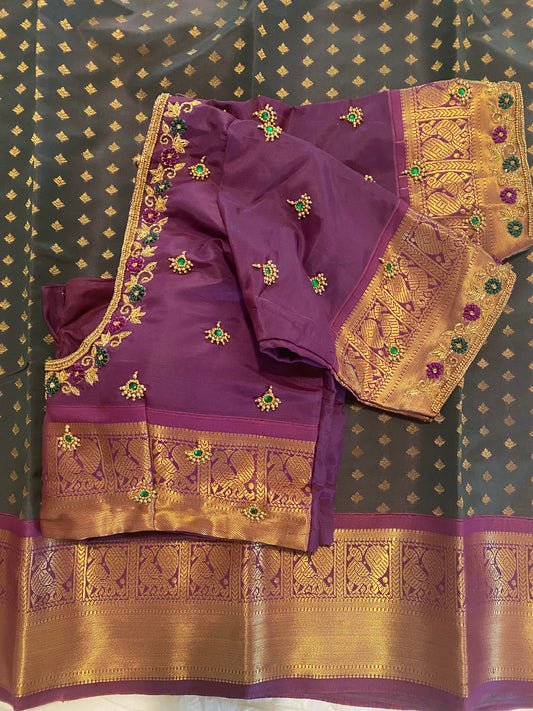 Mix Silk Saree with Maggam Aari work Stitched blouse|Kanjivaram Pattu style mix silk saree |Saree with readymade blouse|Fall ,Pico/overlock done