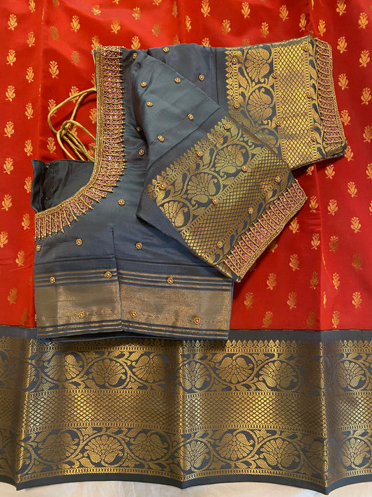Mix Silk Saree with Maggam Aari work Stitched blouse|Kanjivaram Pattu style mix silk saree |Saree with readymade blouse|Fall ,Pico/overlock done