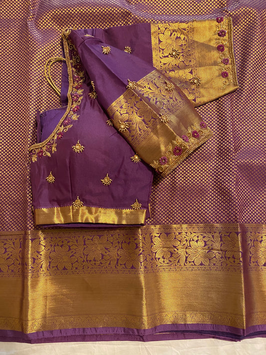 Mix Silk Saree with Maggam Aari work Stitched blouse|Kanjivaram Pattu style mix silk saree |Saree with readymade blouse|Fall ,Pico/overlock done