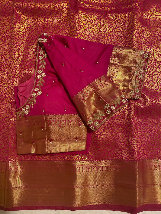 Mix Silk Saree with Maggam Aari work Stitched blouse|Kanjivaram Pattu style mix silk saree |Saree with readymade blouse|Fall ,Pico/overlock done