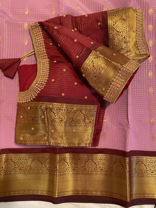 Mix Silk Saree with Maggam Aari work Stitched blouse|Kanjivaram Pattu style mix silk saree |Saree with readymade blouse|Fall ,Pico/overlock done