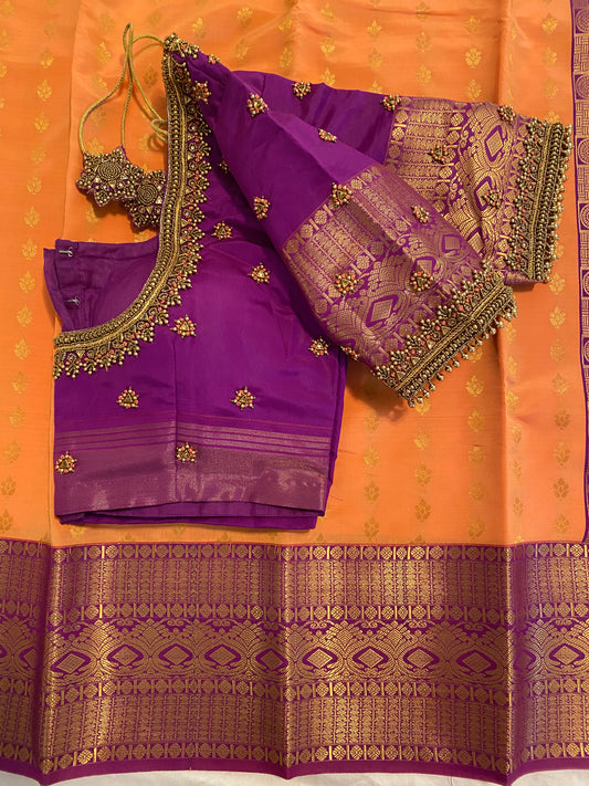 Mix Silk Saree with Maggam Aari work Stitched blouse|Kanjivaram Pattu style mix silk saree |Saree with readymade blouse|Fall ,Pico/overlock done