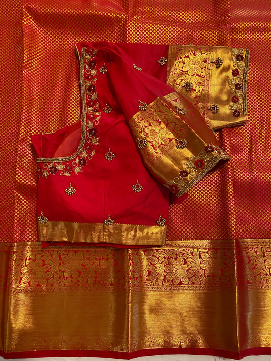 Mix Silk Saree with Maggam Aari work Stitched blouse|Kanjivaram Pattu style mix silk saree |Saree with readymade blouse|Fall ,Pico/overlock done