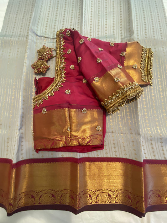 Mix Silk Saree with Maggam Aari work Stitched blouse|Kanjivaram Pattu style mix silk saree |Saree with readymade blouse|Fall ,Pico/overlock done