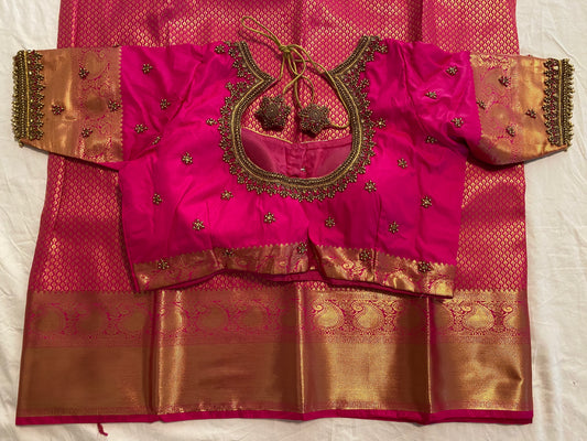 Mix Silk Saree with Maggam Aari work Stitched blouse|Kanjivaram Pattu style mix silk saree |Saree with readymade blouse|Fall ,Pico/overlock done