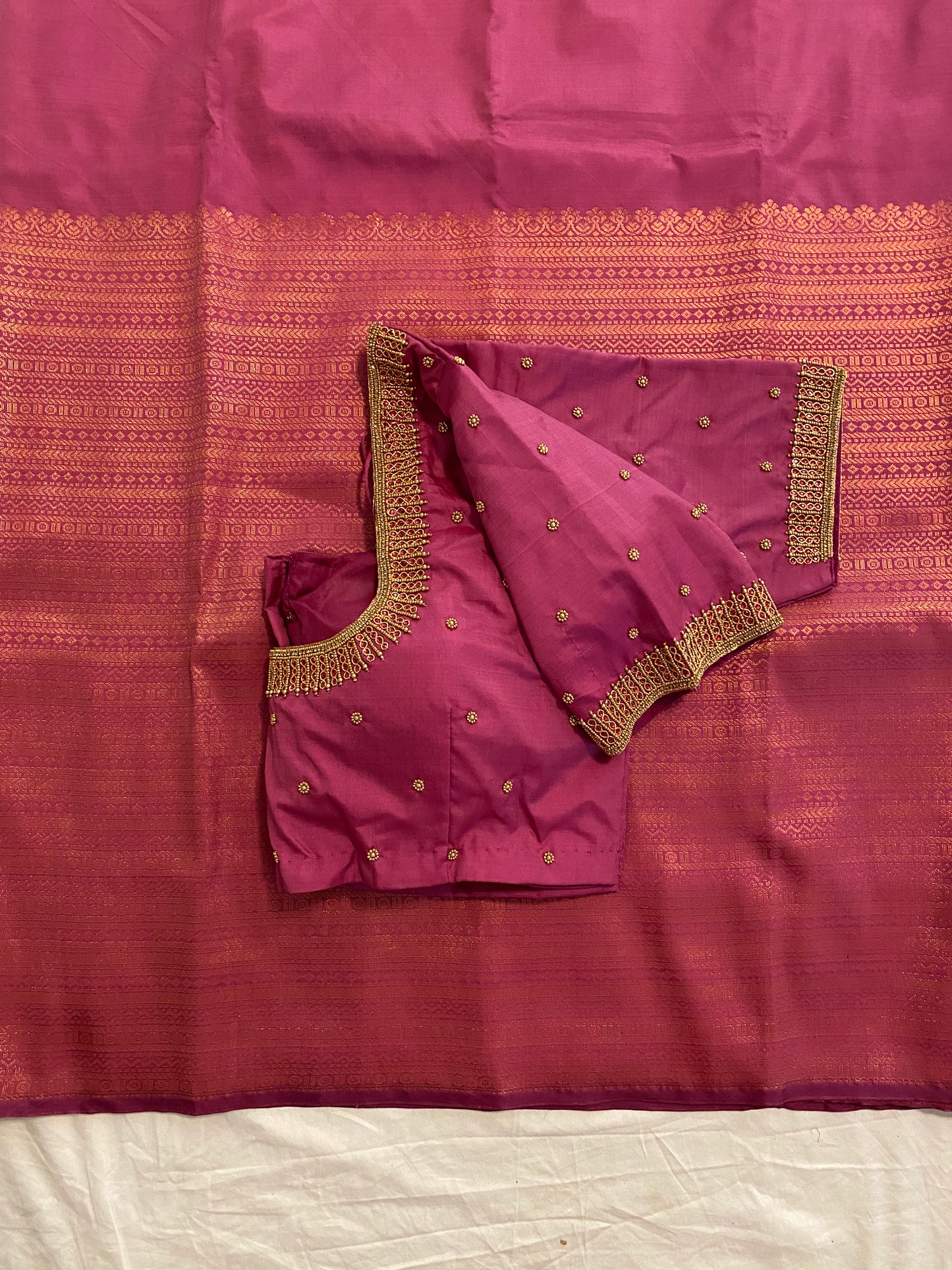 Mix Silk Saree with Maggam Aari work Stitched blouse|Kanjivaram Pattu style mix silk saree |Saree with readymade blouse|Fall ,Pico/overlock done