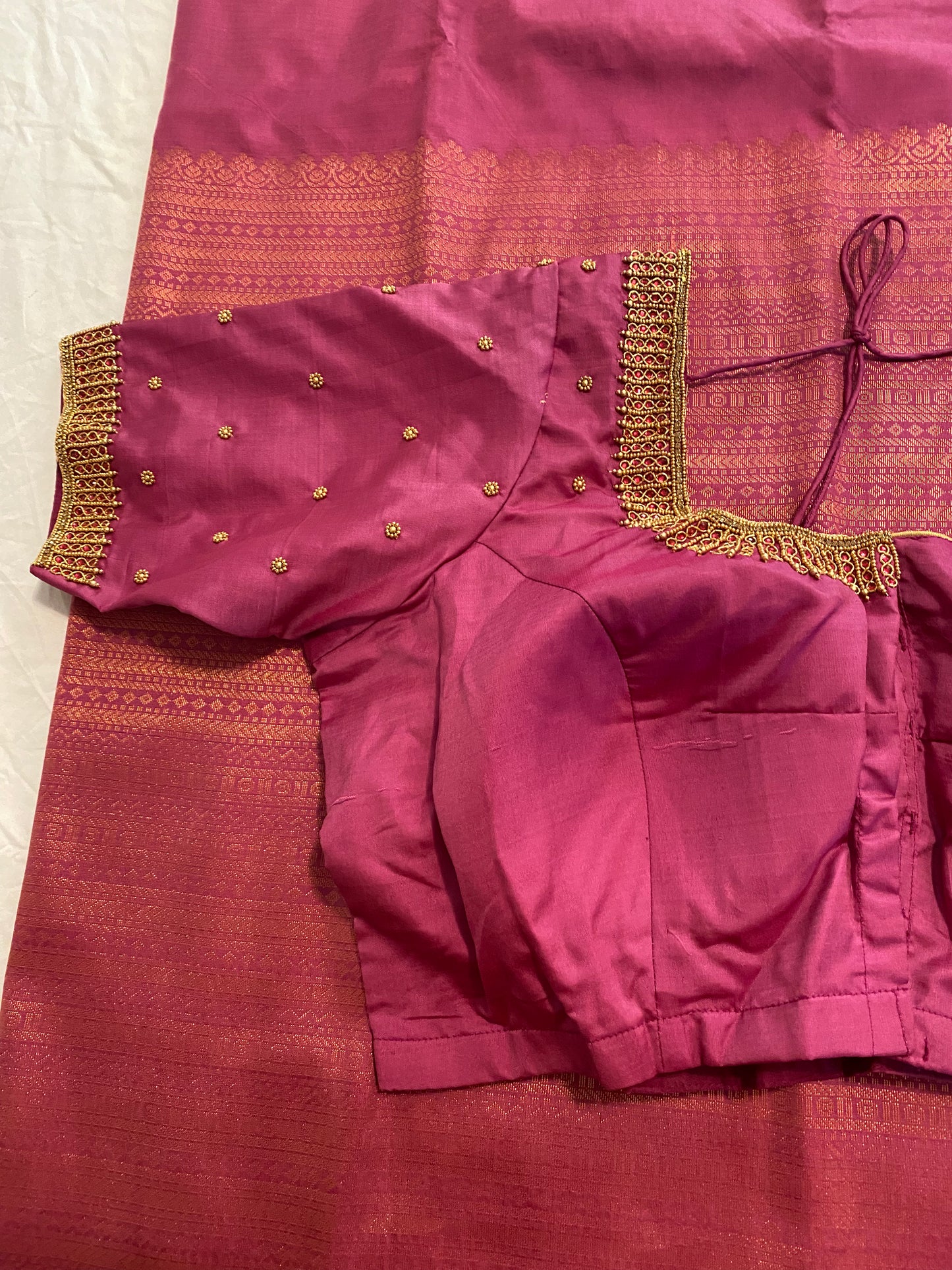 Mix Silk Saree with Maggam Aari work Stitched blouse|Kanjivaram Pattu style mix silk saree |Saree with readymade blouse|Fall ,Pico/overlock done