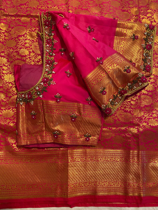 Mix Silk Saree with Maggam Aari work Stitched blouse|Kanjivaram Pattu style mix silk saree |Saree with readymade blouse|Fall ,Pico/overlock done