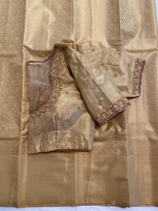 Mix Silk Saree with Maggam Aari work Stitched blouse|Kanjivaram Pattu style mix silk saree |Saree with readymade blouse|Fall ,Pico/overlock done