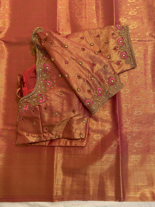 Mix Silk Saree with Maggam Aari work Stitched blouse|Kanjivaram Pattu style mix silk saree |Saree with readymade blouse|Fall ,Pico/overlock done