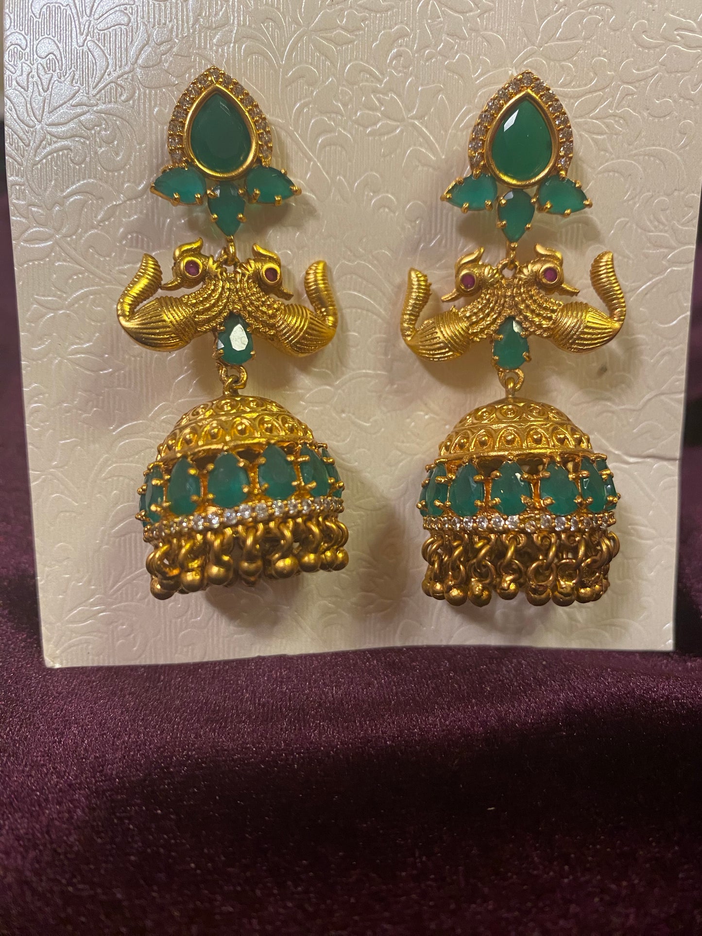 CZ Emerald Green Peacock AD Jhumki