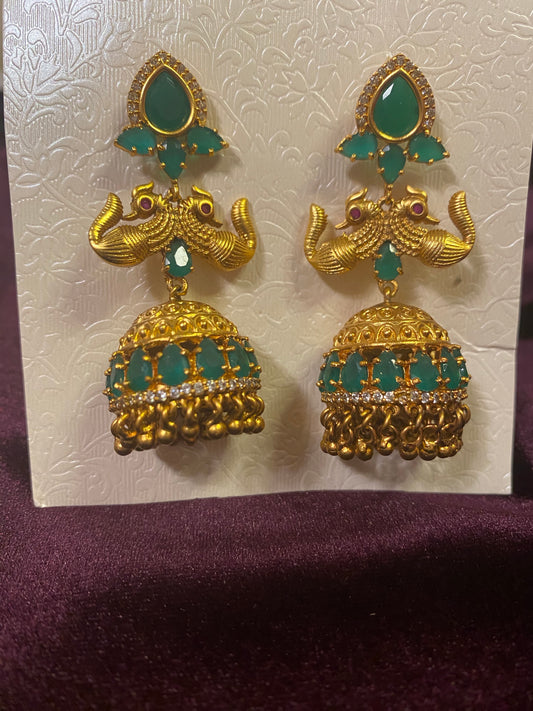 CZ Emerald Green Peacock AD Jhumki