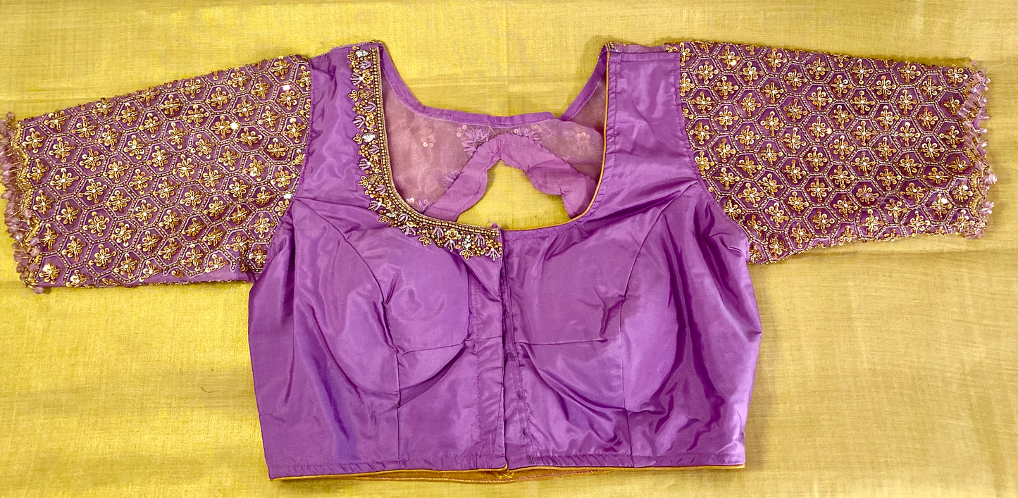 Organza Dark Lilac Bridal Maggam Blouse|Aari Blouse |Readymade|PrincessCut Padded | Fits 38”- 44”