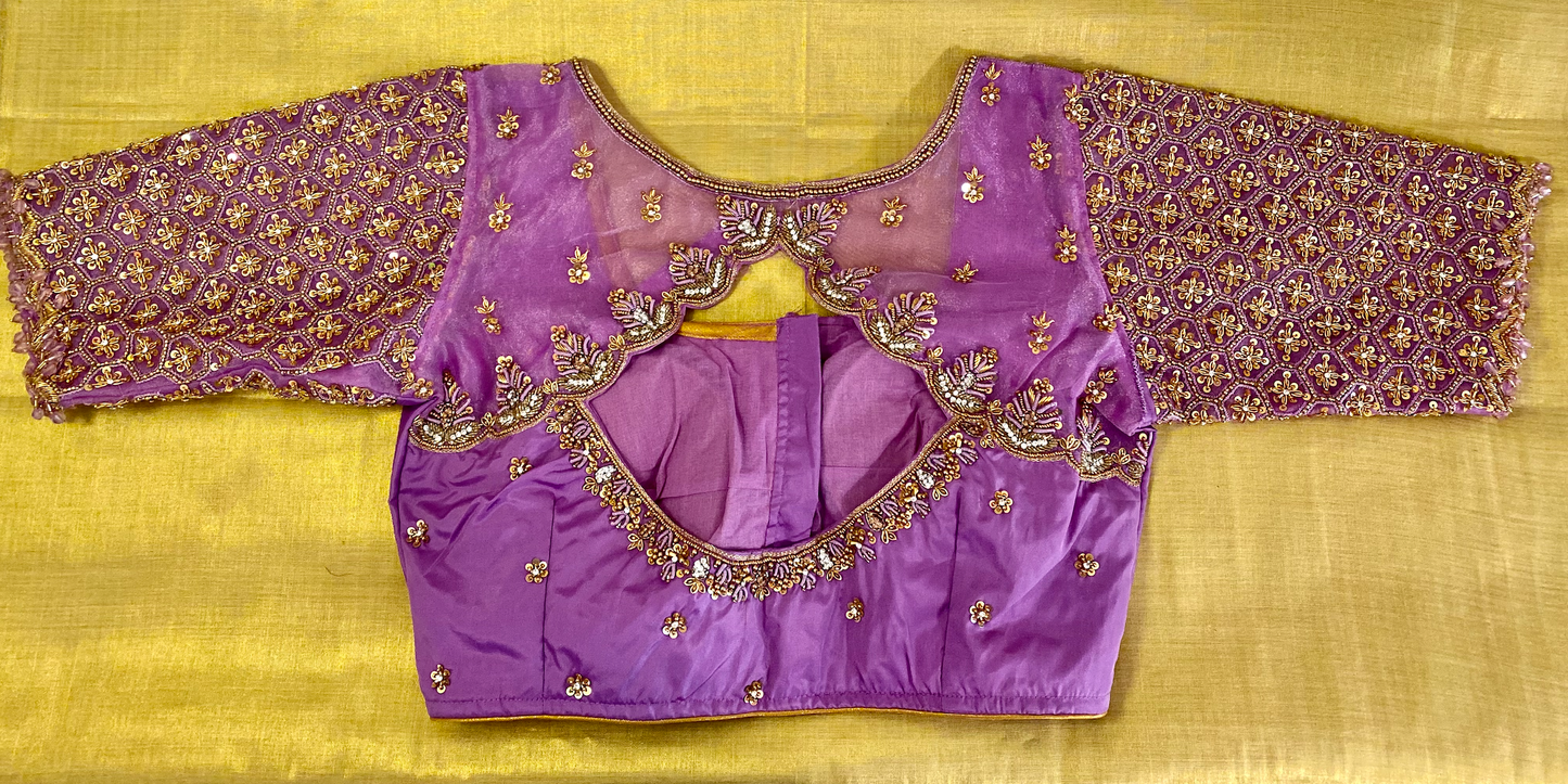 Organza Dark Lilac Bridal Maggam Blouse|Aari Blouse |Readymade|PrincessCut Padded | Fits 38”- 44”