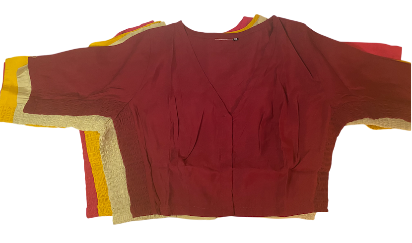 V-Neck Cotton silk stretchable sides smocked Blouse|Bust 34"-44"| Saree Mix & match Readymade Blouse | PrincessCut No-Pad No-lining