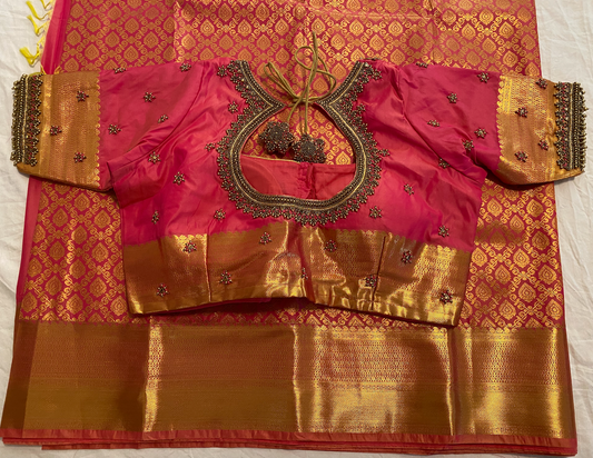 Mix Silk Saree with Maggam Aari work Stitched blouse|Kanjivaram Pattu style mix silk saree |Saree with readymade blouse|Fall ,Pico/overlock done