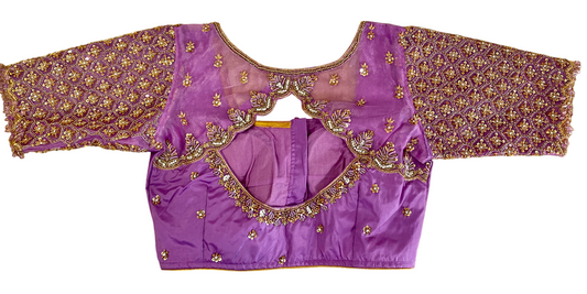 Organza Dark Lilac Bridal Maggam Blouse|Aari Blouse |Readymade|PrincessCut Padded | Fits 38”- 44”