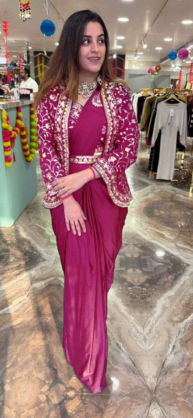 Ready to wear 1 min Saree| Saree with readymade blouse, Jacket|Light weight|Easy to wear saree |Pleated, Stitched Pallu & matching belt