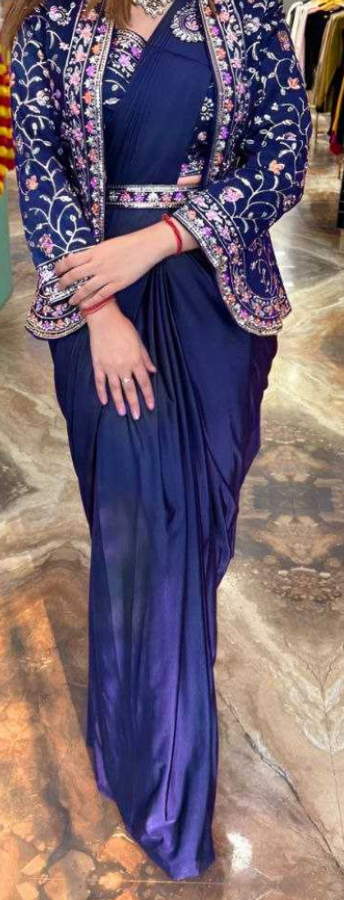 Ready to wear 1 min Saree| Saree with readymade blouse, Jacket|Light weight|Easy to wear saree |Pleated, Stitched Pallu & matching belt