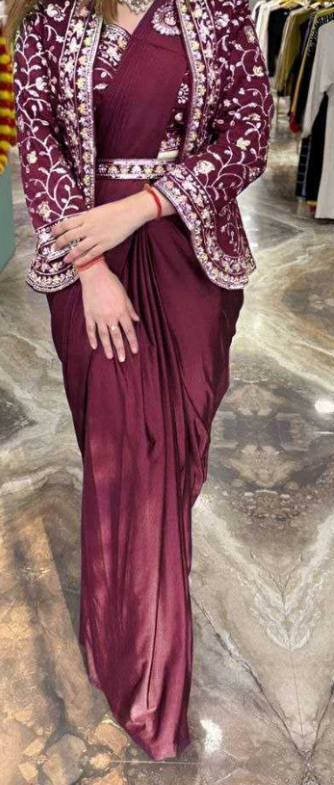 Ready to wear 1 min Saree| Saree with readymade blouse, Jacket|Light weight|Easy to wear saree |Pleated, Stitched Pallu & matching belt