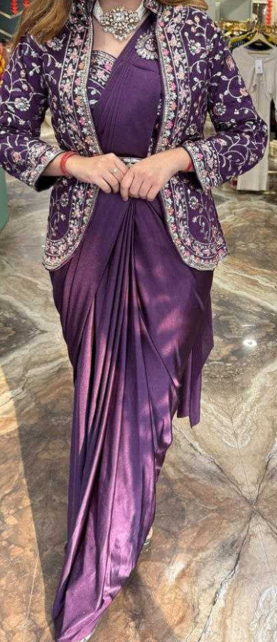 Ready to wear 1 min Saree| Saree with readymade blouse, Jacket|Light weight|Easy to wear saree |Pleated, Stitched Pallu & matching belt