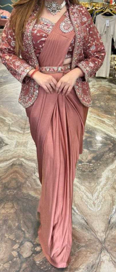 Ready to wear 1 min Saree| Saree with readymade blouse, Jacket|Light weight|Easy to wear saree |Pleated, Stitched Pallu & matching belt