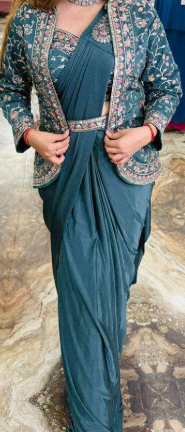 Ready to wear 1 min Saree| Saree with readymade blouse, Jacket|Light weight|Easy to wear saree |Pleated, Stitched Pallu & matching belt