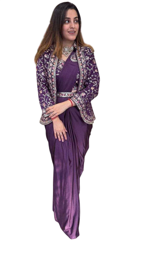 Ready to wear 1 min Saree| Saree with readymade blouse, Jacket|Light weight|Easy to wear saree |Pleated, Stitched Pallu & matching belt