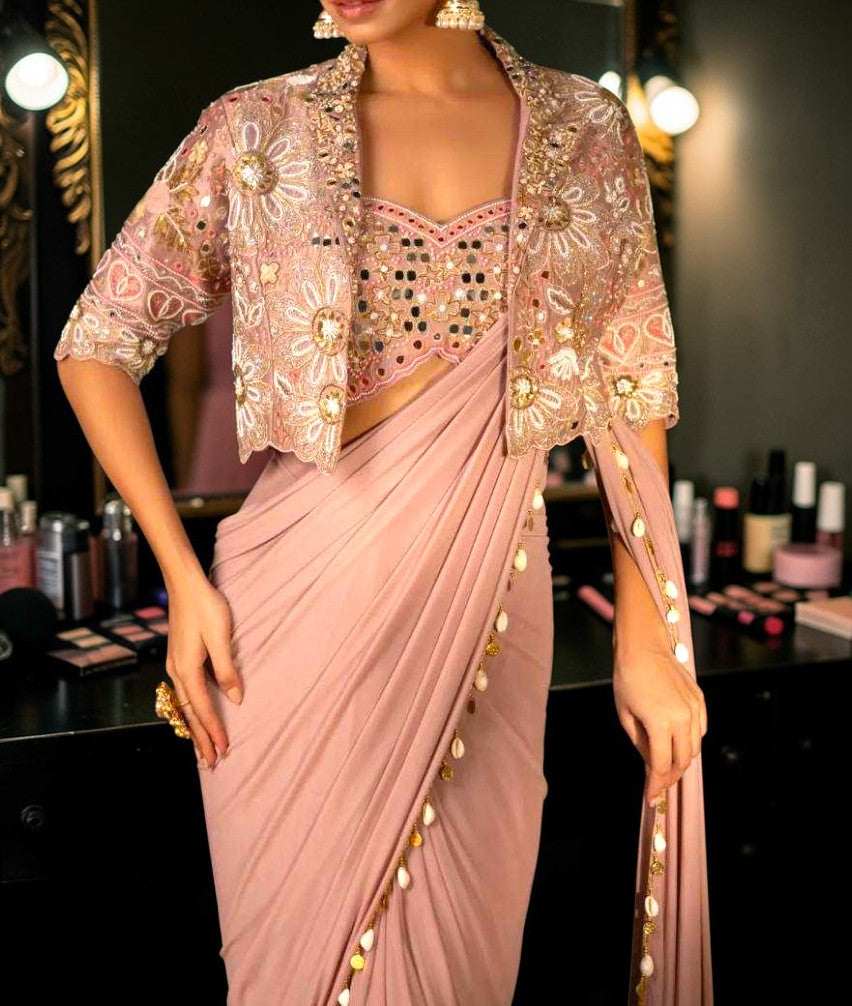 Ready To Wear Party Saree with Jacket| Crape silk Fancy Embroidered Sari |1 min saree