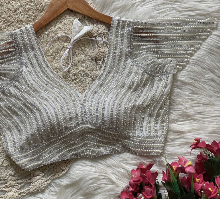 Pure Silk Readymade Designer Blouse Handcrafted pearl work