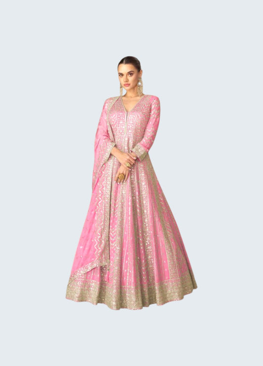 Chinon Silk Full Sleeve Anarkali Long Gowns with Embroidery Sequin work