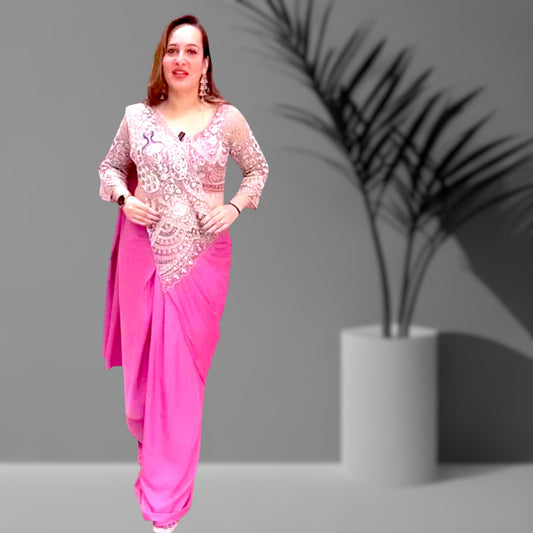 Crepe Sequence Embroidered Ready To Wear Saree with stitched blouse